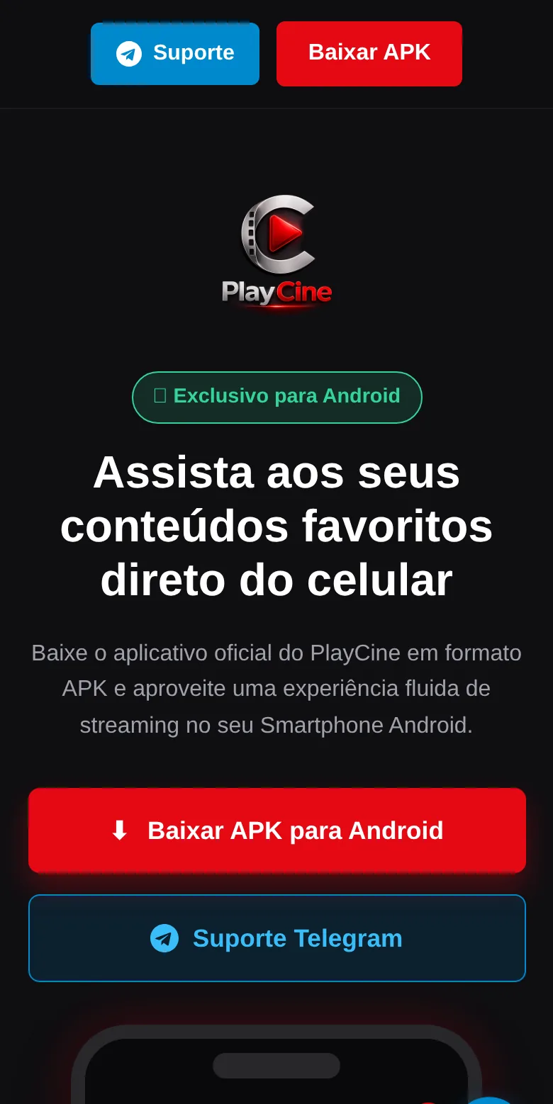 Tela do aplicativo PlayCine em um smartphone Android